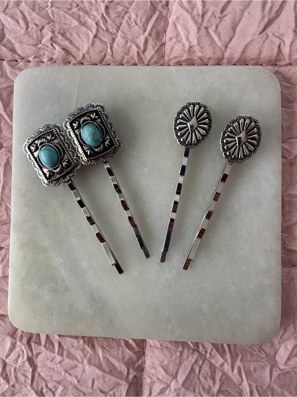 Turquoise Stone Silver Hair Pins Set - 4 Pieces